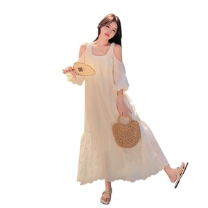New Heavy Industry Embroidered Off Shoulder Lantern Sleeve Dress in Apricot Rice Color M