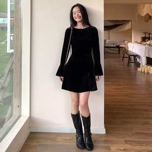 Black Velvet Long Sleeve Little Black Dress Slim Fit Short Skirt Retro Stylish Black S