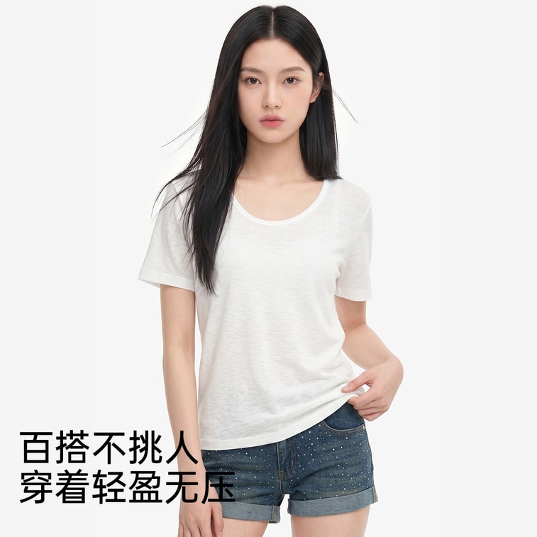 【중국 직배송】 HSPM 눈꽃 면 반팔 티셔츠 옅은 살구색 2XL 1개 여성 심플 단색 큰 라운드넥 루즈핏 편안한 캐주얼 상의 5