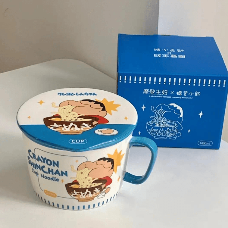 摩登主妇 日式泡面碗泡面杯 大号陶瓷杯子带盖 微波炉烤箱可用 蓝色 约950ml【蜡笔小新联名】 16