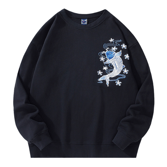 ASIS秋冬中國風國潮魚兒刺繡寬鬆休閒純棉衛衣-黑色 M