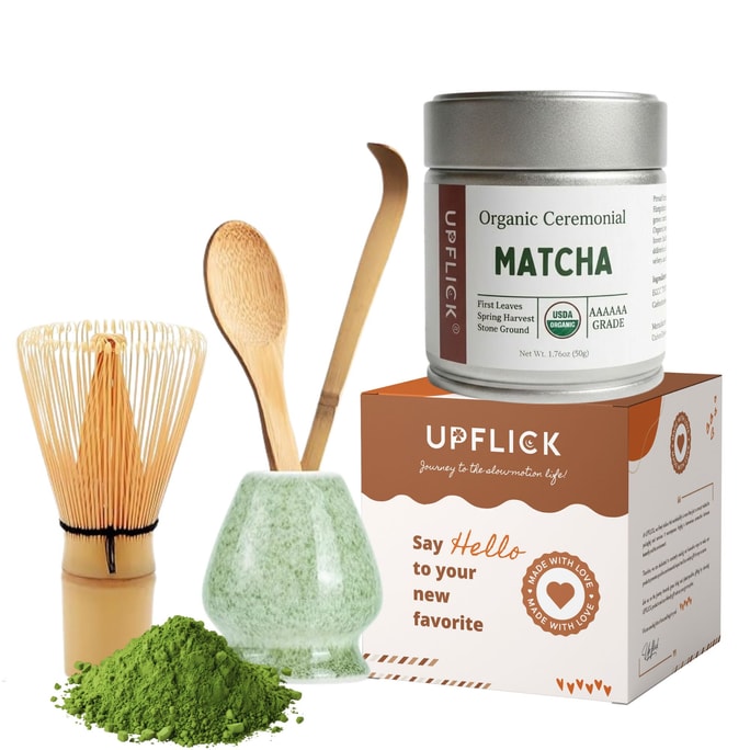업플릭 유기농 리추얼 말차 가루 (6A 등급) 50g, 말차 혼합 도구 세트 (4개입)
