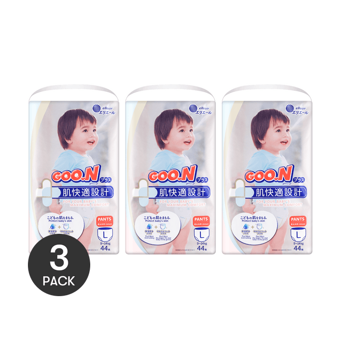 日本GOO.N大王 拉拉裤 L码 9-14kg 44枚入*3   PLUS 肌快适设计 男女通用【囤货3包】