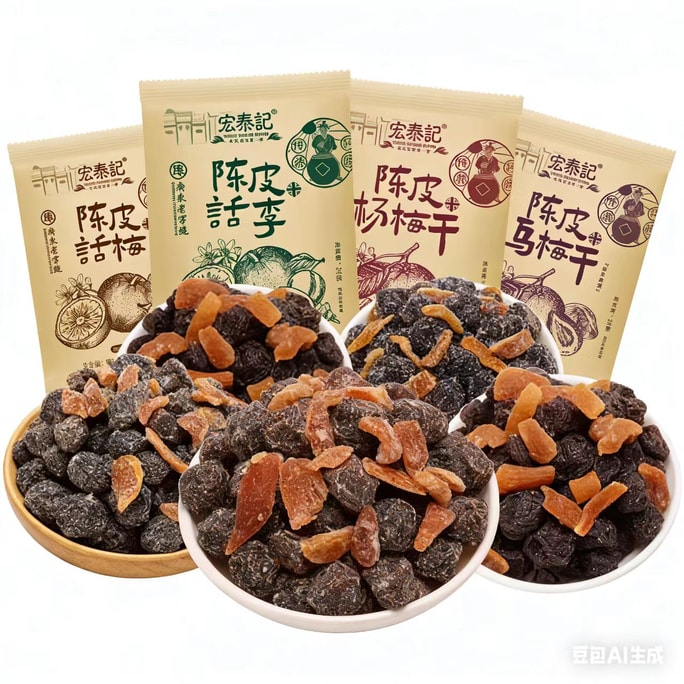 Hongtai Ji Traditional Tangerine Peel Candied Fruits - Tangerine Peel and Dried Bayberry Candy, Nostalgic 80s-90s Snack, 26g*5 Bags