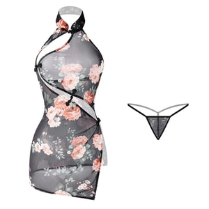 Fun Lingerie Sexy Retro Cheongsam Slanted Collar Printed Slit Long Skirt Black One Size