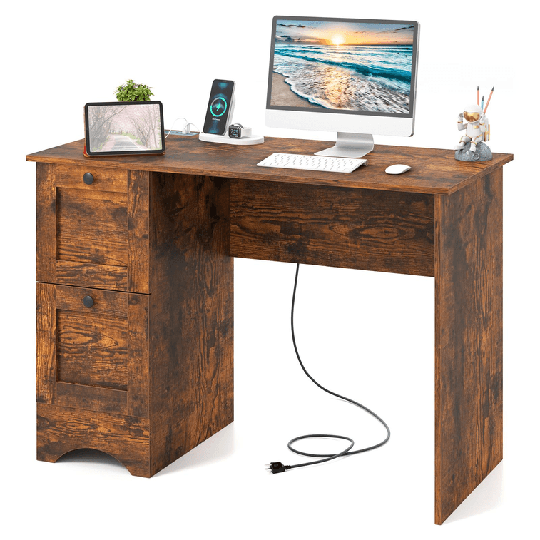 43 Inch Wooden Computer Desk Workstation With 3 Drawers for Home And Office-Rustic Brown 3