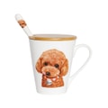 Petorama陶瓷宠物肖像印花水杯+竹杯盖+陶瓷把手不锈钢勺子套装-棕色贵宾犬