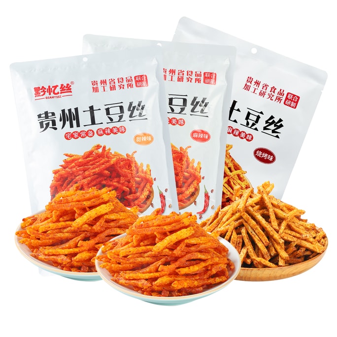 黔忆丝 甜辣+麻辣+烧烤味土豆丝【3种口味600g组合装】【酥脆爽口】 宅家宿舍零食休闲解馋小吃