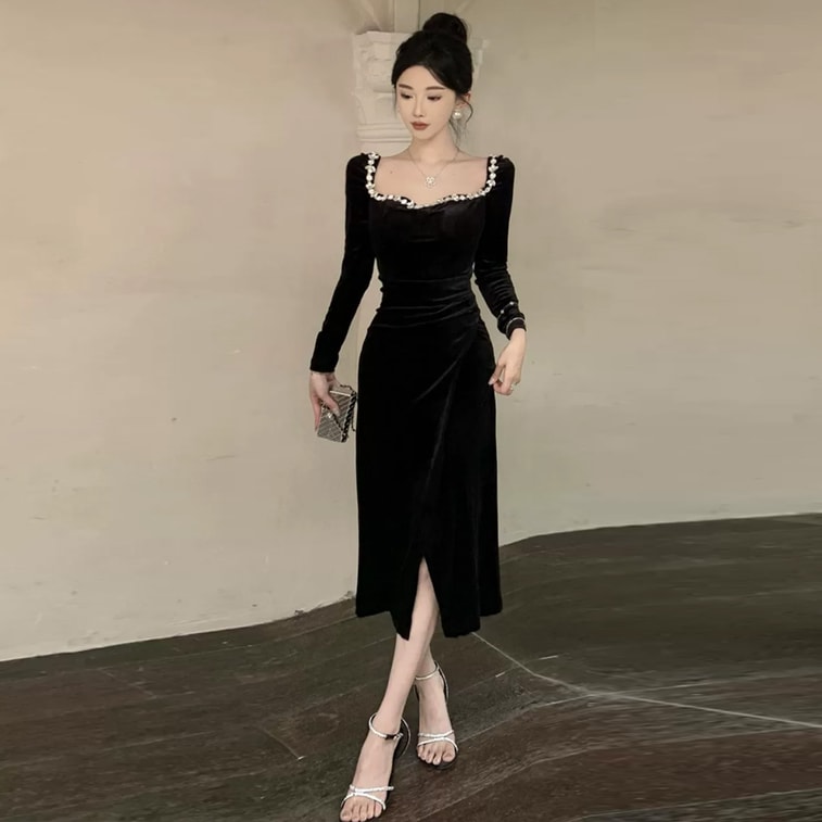 【中国直邮】 HSPM 轻奢小众party小礼服 高端圣诞聚会战袍 黑色丝绒连衣裙 黑色 L 3