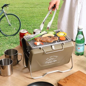 日本PEARL LIFE  CAPTAIN STAG V型桌面烤架 便携烧烤炉 手提式烤肉炉子 露营炊具 卡其色 折叠后尺寸22*29*7cm
