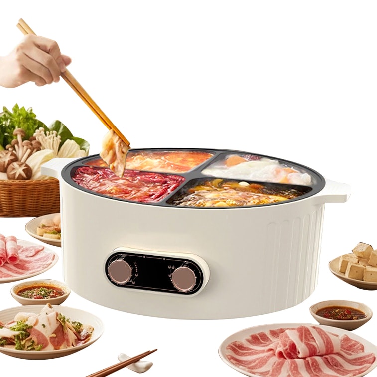 Fatina 多機能電気ホットポット (デュアルコンパートメント、4コンパートメント)、6L 特大容量、[2000W 高出力、安全な火傷防止ハンドル]、デュアル独立温度制御、インテリジェントな空焚き防止安全機能、米国規格電気調理器 [毎日の家族の集まりに欠かせない調理器具] 3
