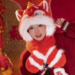 【中國直郵】 HSPM 新年帽女冬天可愛紅色醒獅帽秋冬季保暖毛絨護耳朵會動的虎頭帽 1個