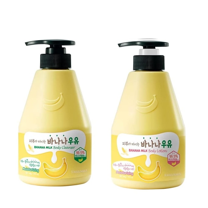 韩国 Kwailnara 香蕉牛奶身體乳液與沐浴露組合 – 含香蕉萃取的韓國保濕舒緩護膚組每瓶560g