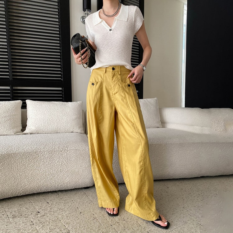 Casual Pants Yellow M 1 Piece High-waisted Straight Floor-length