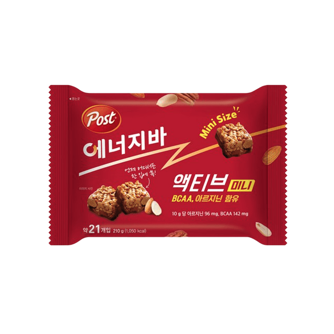 【한국 직배송】한국 POST 에너지바 액티브 미니 7.4oz(210g, 10g x 21개)