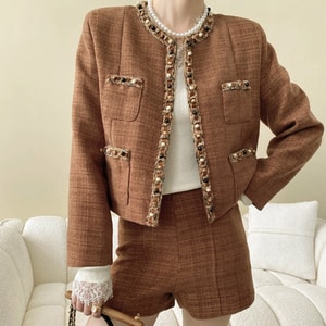 Chestnut Vintage French Tweed Jacket Shorts Dress Set Brown S Jacket 1 Piece