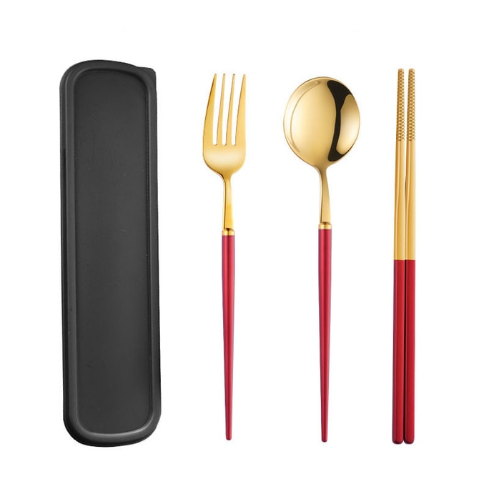 Stainless Steel Portable Tableware Set Chopsticks Spoon Fork Set Red Gold