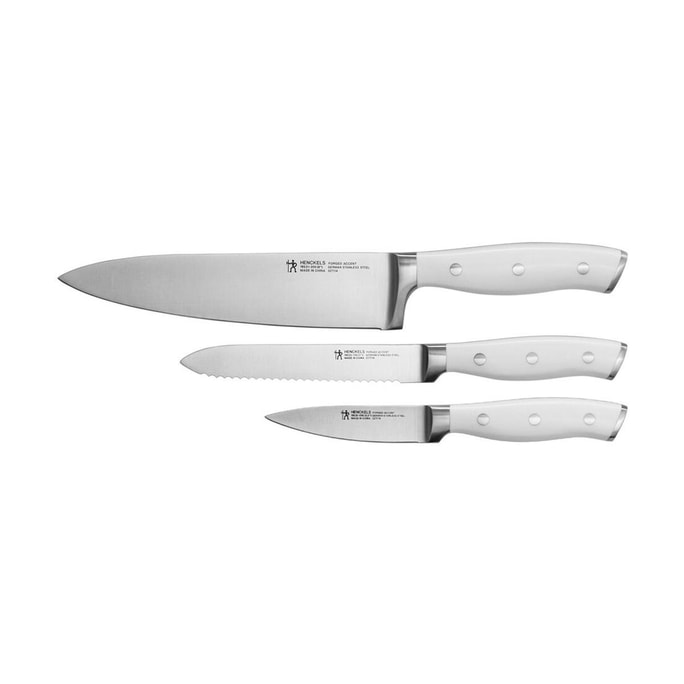 Henckels Forged Accent 3-Piece Single Rivet Kitchen Knife Set - 4" Paring/5" Serrated Utility/8" Chef's Knife, White
