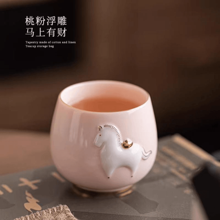 中国直邮】 一品仟堂高端浮雕桃粉功夫茶杯家用马上有财桃粉主人杯(把手