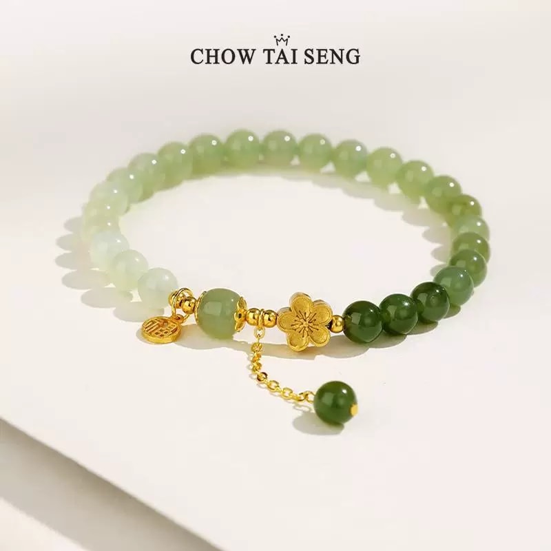 【中国直邮】 周大生 和田玉十里青桃手串珠女国风小众设计感纯银手链送女友生日礼物   一条装