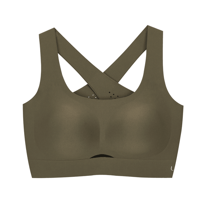 Laser Perforated Hollow Out Medium Strength Sports Bra Olive Green L