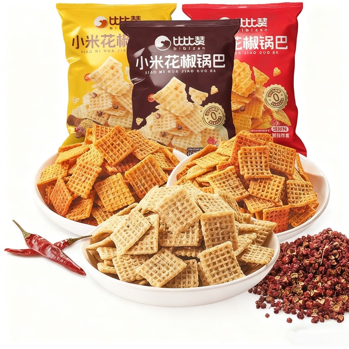 Bibi Zan [Extremely delicious and crispy] Rice Crackers with Sichuan Pepper, Crispy Rice Crackers, Snack for Dormitory TV Watching, Satisfying Hunger, Spicy Snack, Three Flavours Mixed, 6*15g 90g