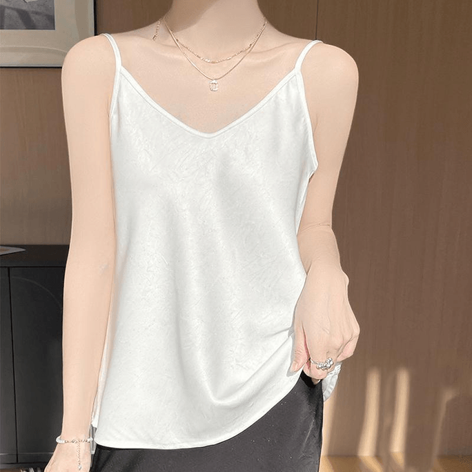 Chinese Style Stain Embossing V Neck Loose Tank Tops Camisole White XL
