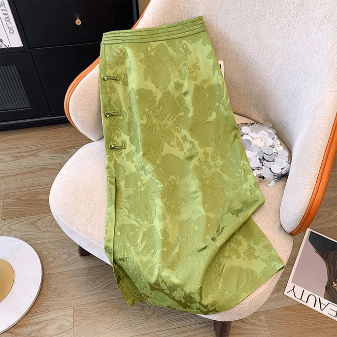 Chinese Style Stain Jacquard Knot Button High-waisted Slit Pencil Skirt‌ Green S