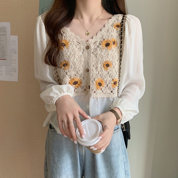 HSPM New Ethnic Style Embroidery Hook Flower Hollow Splice Chiffon Long Sleeved Shirt Apricot Chrysanthemum M