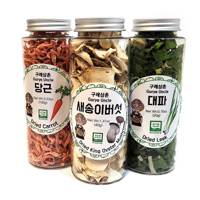 [韓國] TOMNADA Gurye Uncle 100% 韓國天然脫水蔬菜片切碎並過篩裝在可重新封閉的瓶子中用於湯、拉麵配料、炒菜、沙拉 - 3 件裝(杏鮑菇、韭蔥、胡蘿蔔)