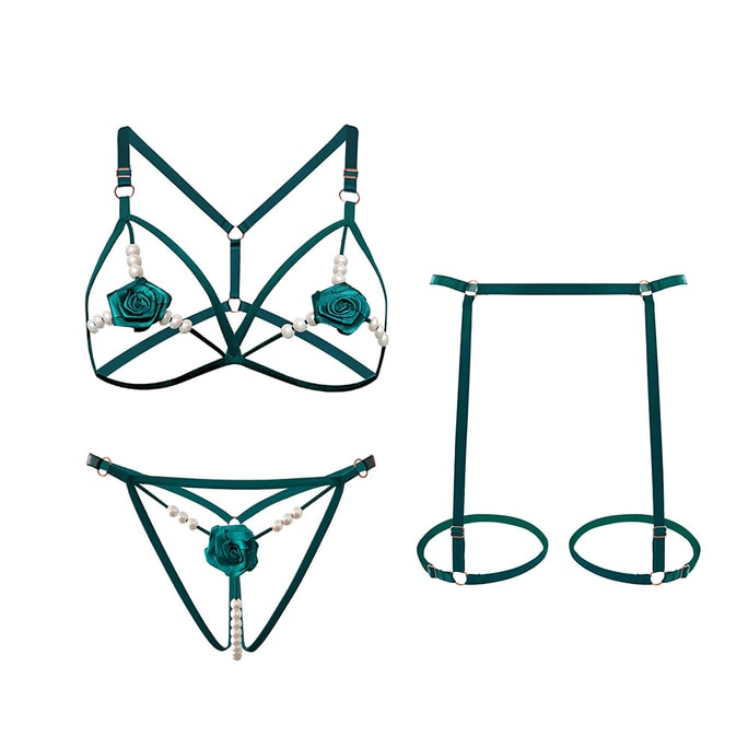 Fun Lingerie Rose Beaded Three-point Set Blackish Green One Size