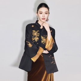 【中国直邮】 HSPM 新中式国风立领刺绣外套 新款宽松显瘦上衣 黑色单层款 M