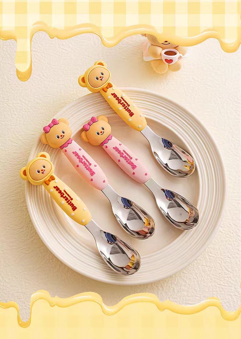 【中国直邮】 摩登主妇 &黄油小熊 儿童勺子食品级316不锈钢个人专用宝宝餐勺2只
