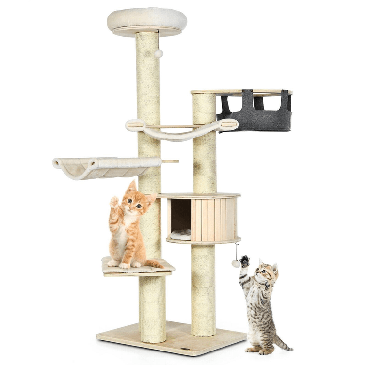 77.5 Inch Cat Tree Condo Multi-Level Kitten Activity Tower With Sisal Posts - Cream White 3
