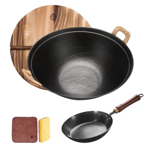 王源吉 【铸铁炖锅+手锻煎盘】 李佳琦推荐  36cm苏锅 手工古法 肚大锅深 26cm手工锻打煎盘 无涂层 越用越不粘