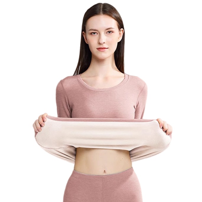 【中國直郵】 HSPM 蠶絲羊毛德絨 秋冬小姐保暖內衣 加絨加厚可外穿 圓領打底衫 復古粉 L