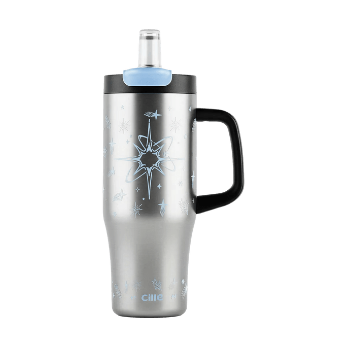 Party Tumbler Cup 900ml Cool Silver, Ceramic Coating Dual Lid Straw & Direct Drink