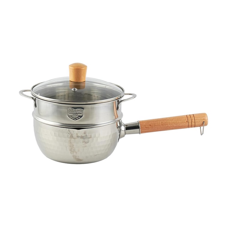 YUKIRO 日式锤纹不锈钢雪平锅 一人食蒸煮两用小奶锅 18cm 附蒸屉和盖子 燃气电磁炉通用 双耳蒸笼随机发货 5