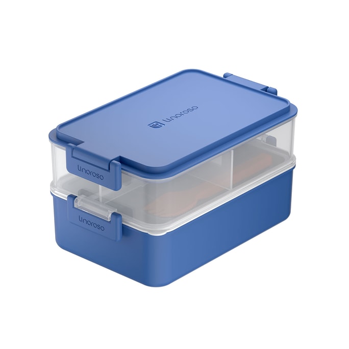 【美國直郵】Linoroso可微波雙層便當盒成人午餐盒500ml 帶醬料杯勺子和叉子 經典藍 一件包郵
