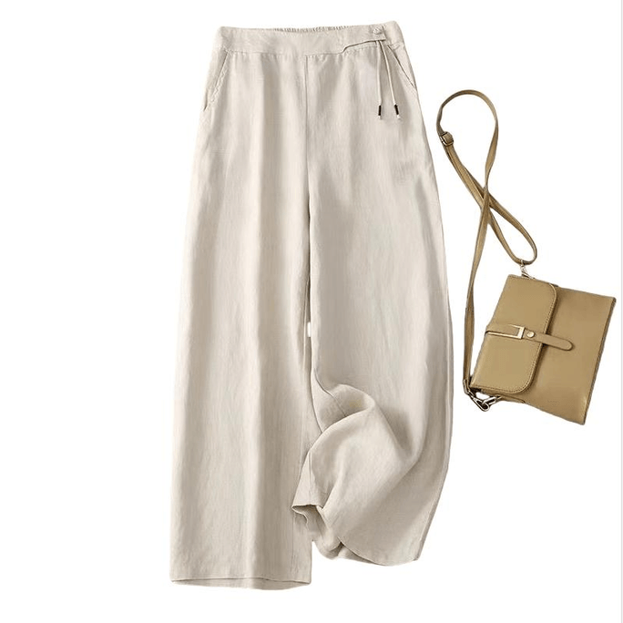 Ramie Loose Retro High Waist Casual Wide-leg Cropped Pants Beige M