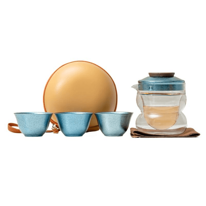 【中国直邮】 一品仟堂 纯钛旅行茶具钛杯套装便携快客杯 圆融浅蓝 一壶三杯 壶245毫升