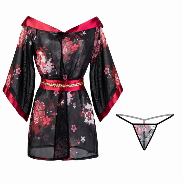 Fun Lingerie Sexy One Shoulder Japanese Kimono Cardigan Set Black Red One  Size (No Stockings)