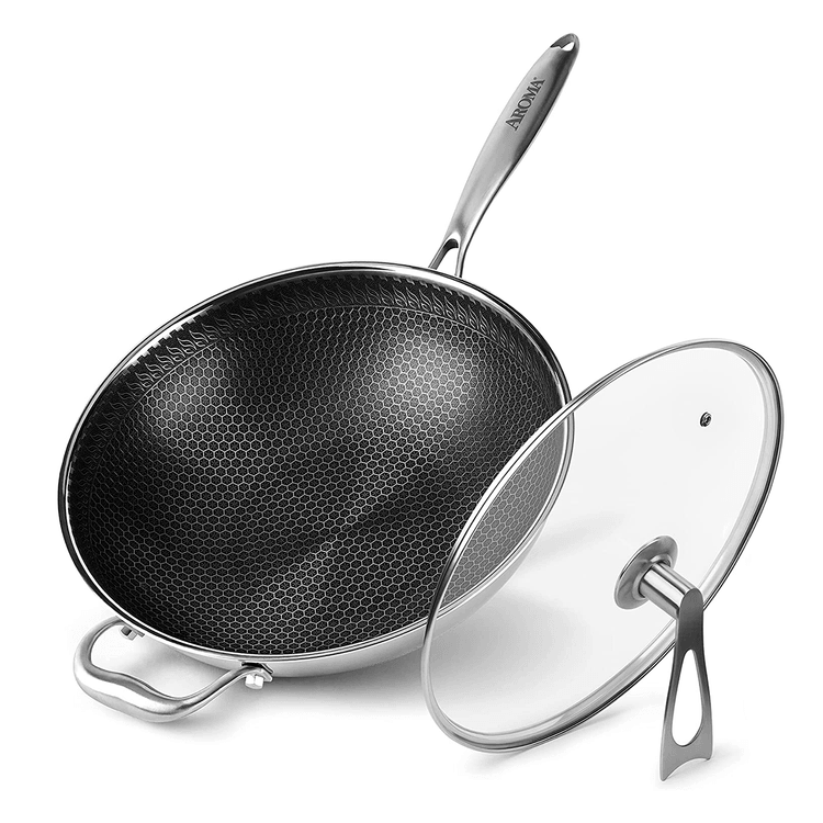 AROMA Non-Stick Stainless Steel Wok Pan with Self-Balancing Lid and  Honeycomb SurfaceGuard Technology 12.5 Inch ANW-107 