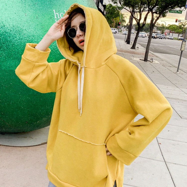Hooded solid color loose hoodie gray one size - Yami