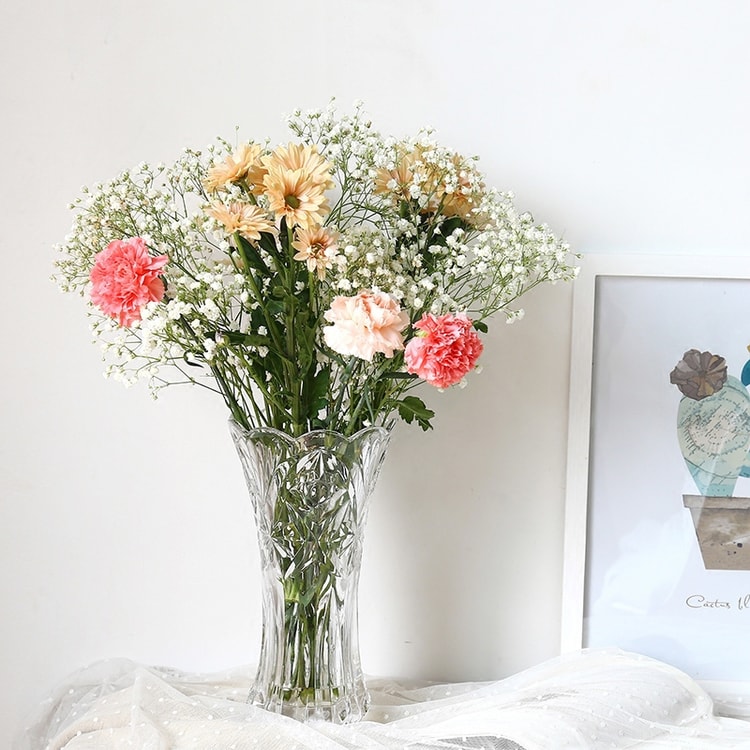 多美忆花瓶25cm玻璃花瓶北欧田园艺术风格圆简约家居装饰现代摆设仿真花插花花瓶玻璃摆件厚底蓝花波浪口 亚米