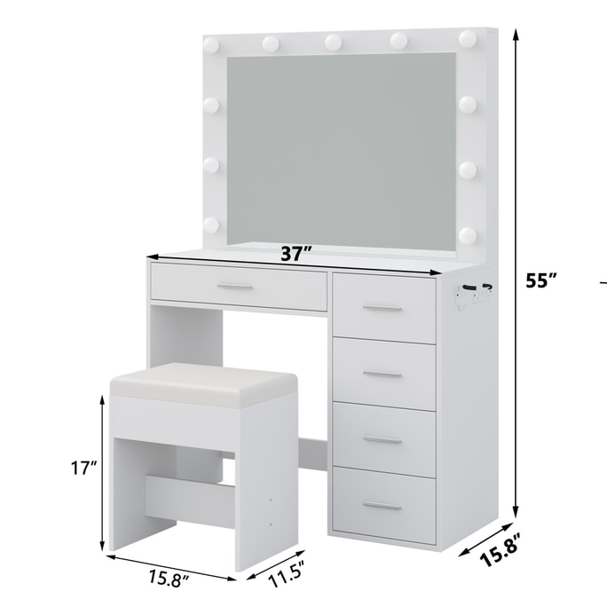 Vanity Table (white) Warm Light Simple Installation 37 Inch 94cm Large Capacity Vanity Table
