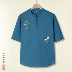 ASIS 새 중국산 리넨 자수 단추 반팔 티셔츠 - 블루 5XL