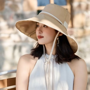 【中国直邮】 HSPM 夏季新款防晒帽 女韩版简约时尚沙滩太阳帽 大沿遮脸防紫外线渔夫帽 卡其色F 1件装