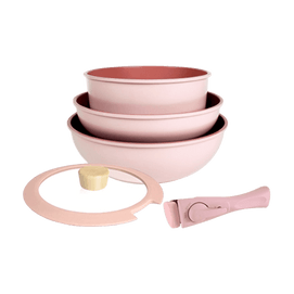MIDAS Plus FIKA Collection Pink 7pc set (Wok, Frypan, Pot W/ Detachable Handle+2Plastic Lids)