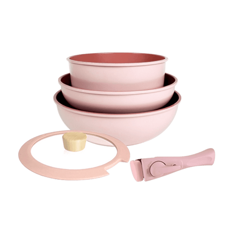 NEOFLAM MIDAS Plus FIKA Collection Pink 7pc set (Wok, Frypan, Pot W/ Detachable  Handle+2Plastic Lids) 